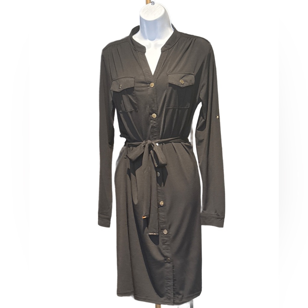Elegant Long Sleeve Black Shirt Dress - Picture 2 of 7